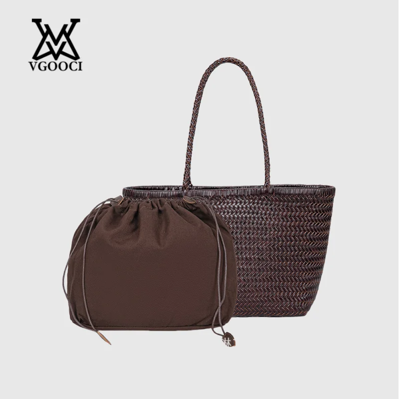 

VGOOCI Large Shoulder Bag for Women Vintage Hand Knitted Designer Split Leather Elegant Handle Tote Lady Cross Hand Handbag