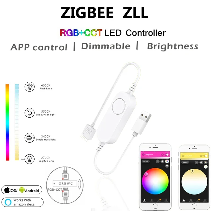 1m 2m 3m zigbee usb tira conduzida rgb + quente + cor branca fundo de tv 5v 6pin rgbcct fita de listra inteligente luz noturna para alexa google