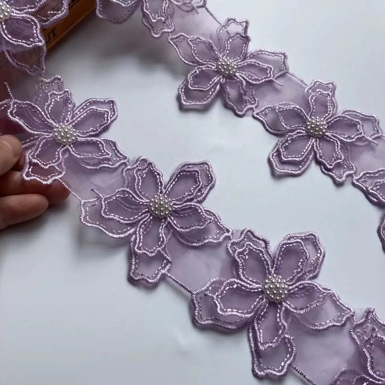 1 Yard 7.5cm  Purple Pearl Beaded Embroidered Flower Lace Trim Floral Applique Patches Fabric Sewing Craft Vintage Wedding Dress