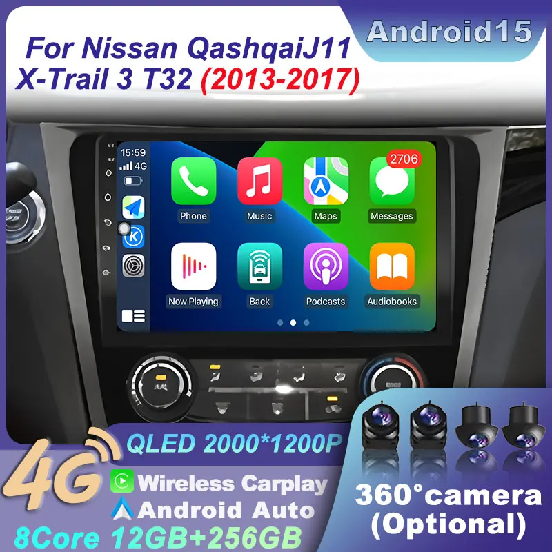 For Nissan Qashqai J11 X-Trail 3 T32 2013-2017 Auto Smart Car Android 15 Video CarPlay Wireless Multimedia Android 15 Navigation