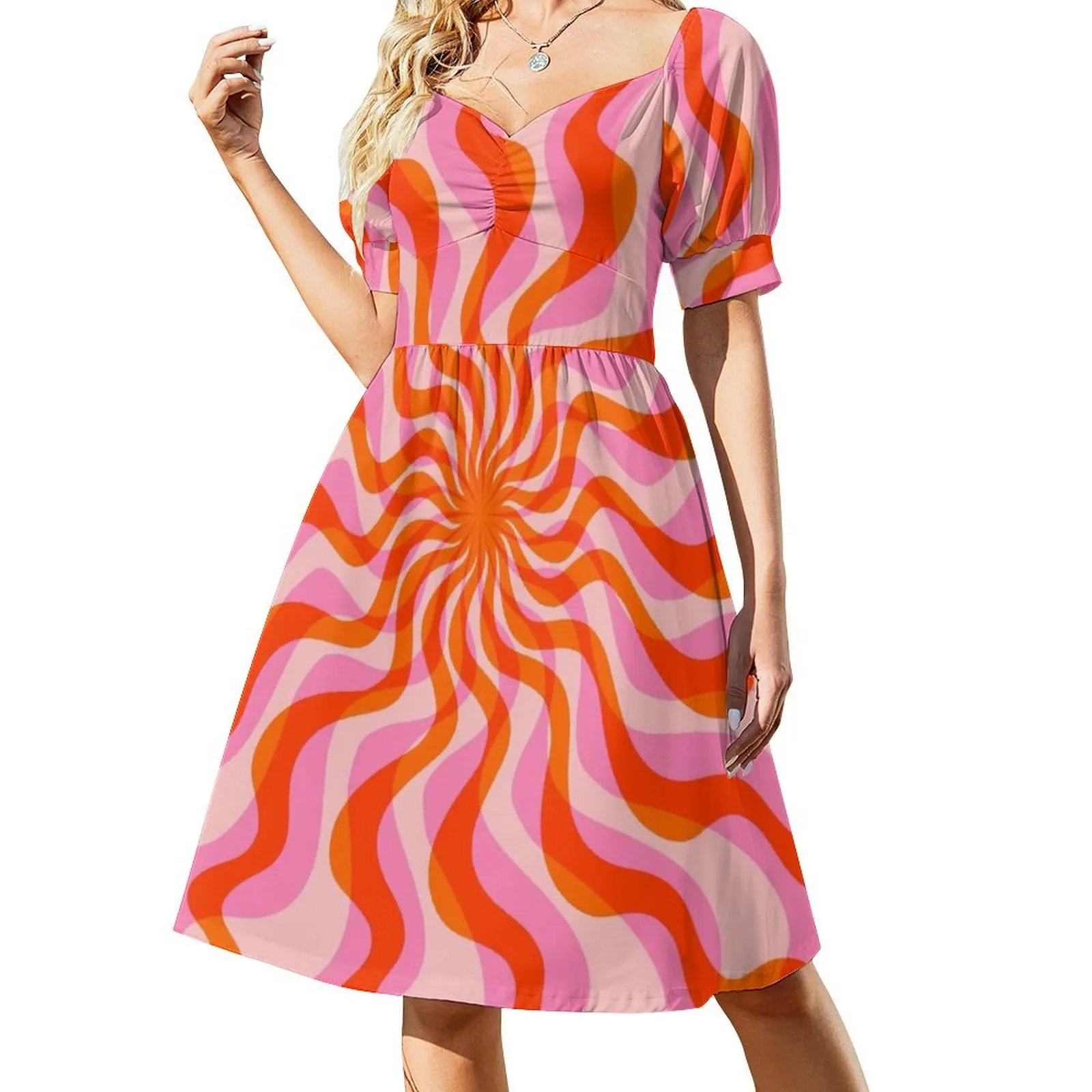 

Swirl 70s Retro Abstract Pink and Orange Short-Sleeved Dress elegant guest wedding dress luxury evening dresses 2025