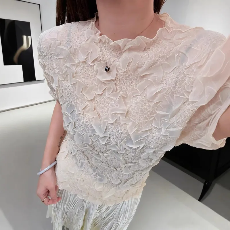  Short Sleeve T-Shirt 2026 Summer New Handmade Pleated Top Women's Casual Stretch Lightweight Women's Clothing No Ironing