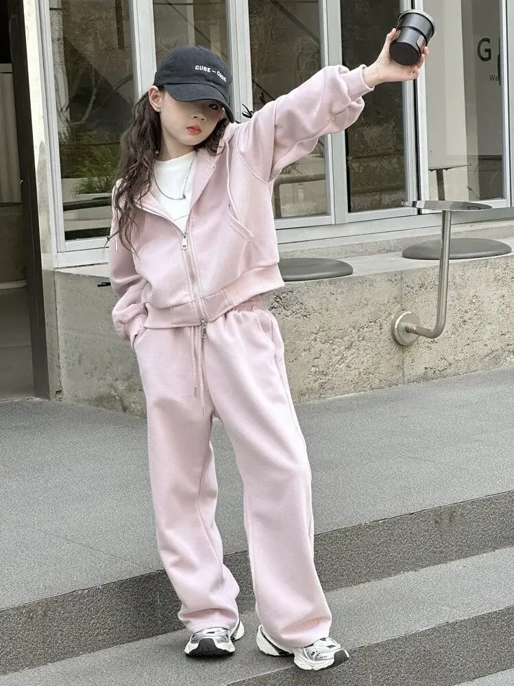 Mädchen-Trainingsanzug mit Kapuze und Schleifendetail – zweiteiliges Outfit im koreanischen Stil mit langärmeliger Jacke und Hose für größere Kinder. – Detail 26