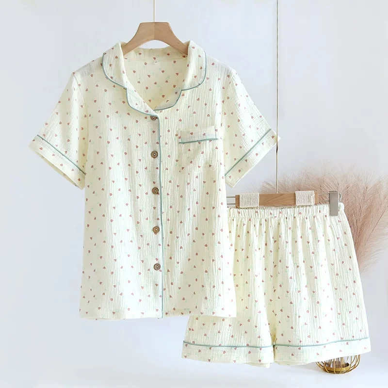 2023 Summer Women Pajamas Cute Tulip  Printing Sleepwear 100% Cotton Gauze Female 2 Piece Set  Nightwear Pyjamas Loungewear