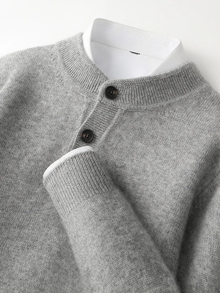 High Quality Smart Casual Everyday Clothes Men's Thick Pullover Autumn Winter Button Knitted Sweater 100% Merino Wool Warm Tops