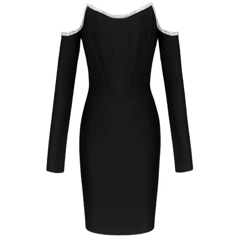 Europe and the United States spring and fall women\'s long-sleeved luxury diamond temperament one-line collar dresses