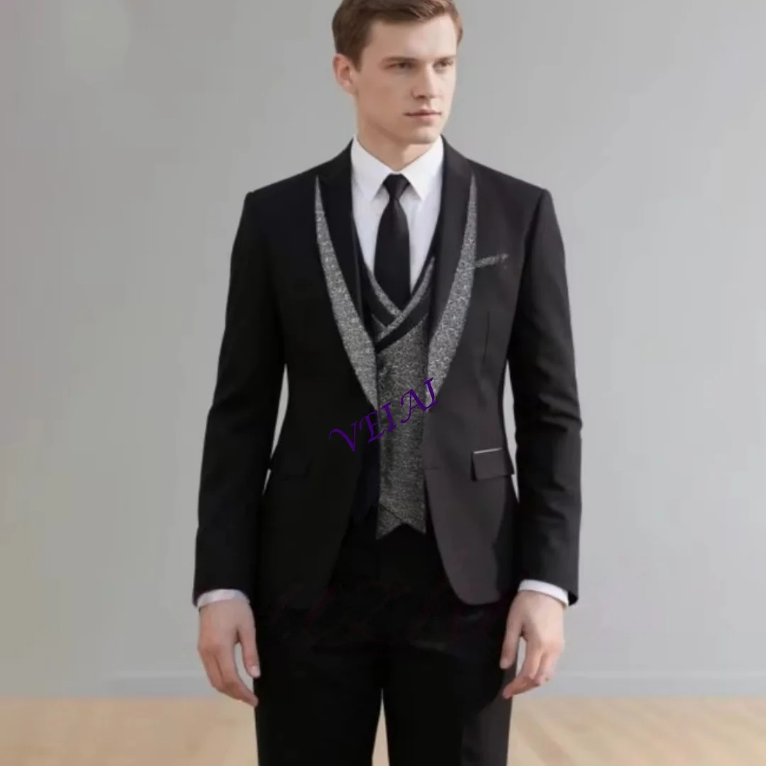 

Luxury Black Men Suits Jackets Vest Pants Wedding Groom 3 Piece Sets Regular Fit Formal Shawl Lapel Groom Prom Customized