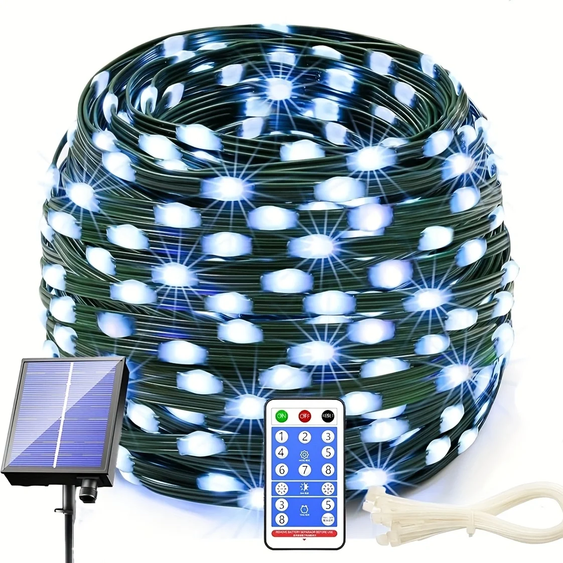 Luces de Navidad para exteriores, 300 LED, alimentadas por energía Solar, IP67, alambre verde impermeable, 8 modos y temporizador de hadas, 1 unidad