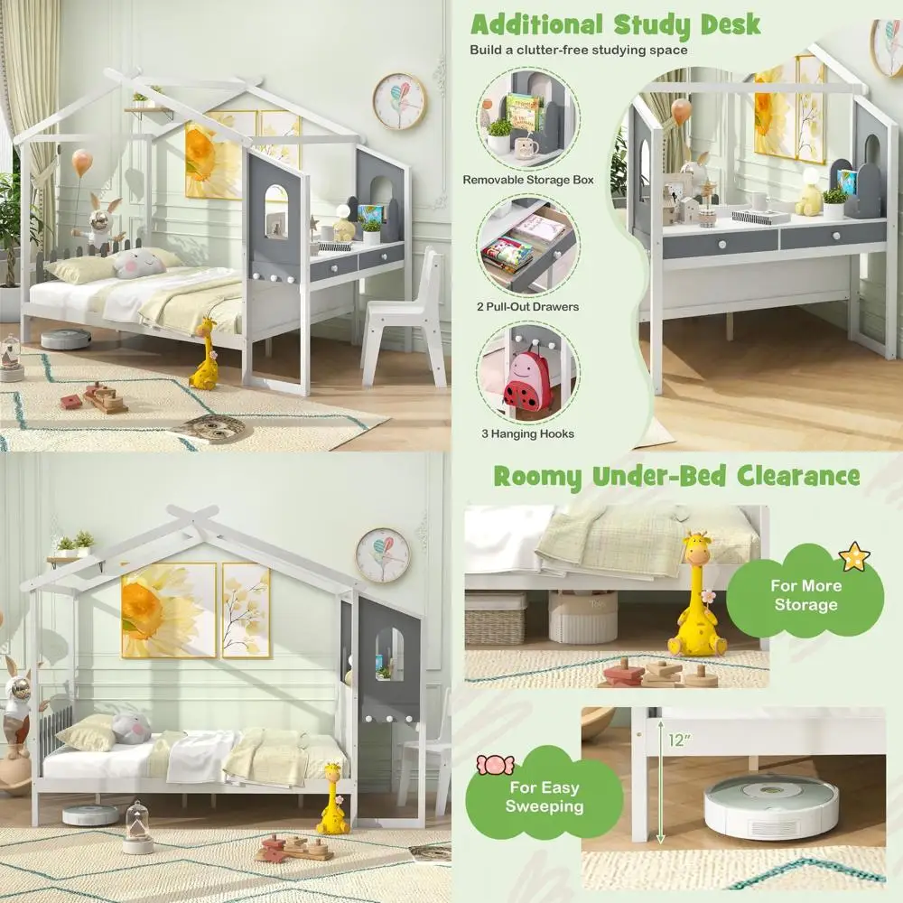 

Кровать из массива дерева Montroi со столом для учебы, ящиками для хранения и крючками для подвешивания - идеально подходит для детских комнат, не требует пружинного блока.