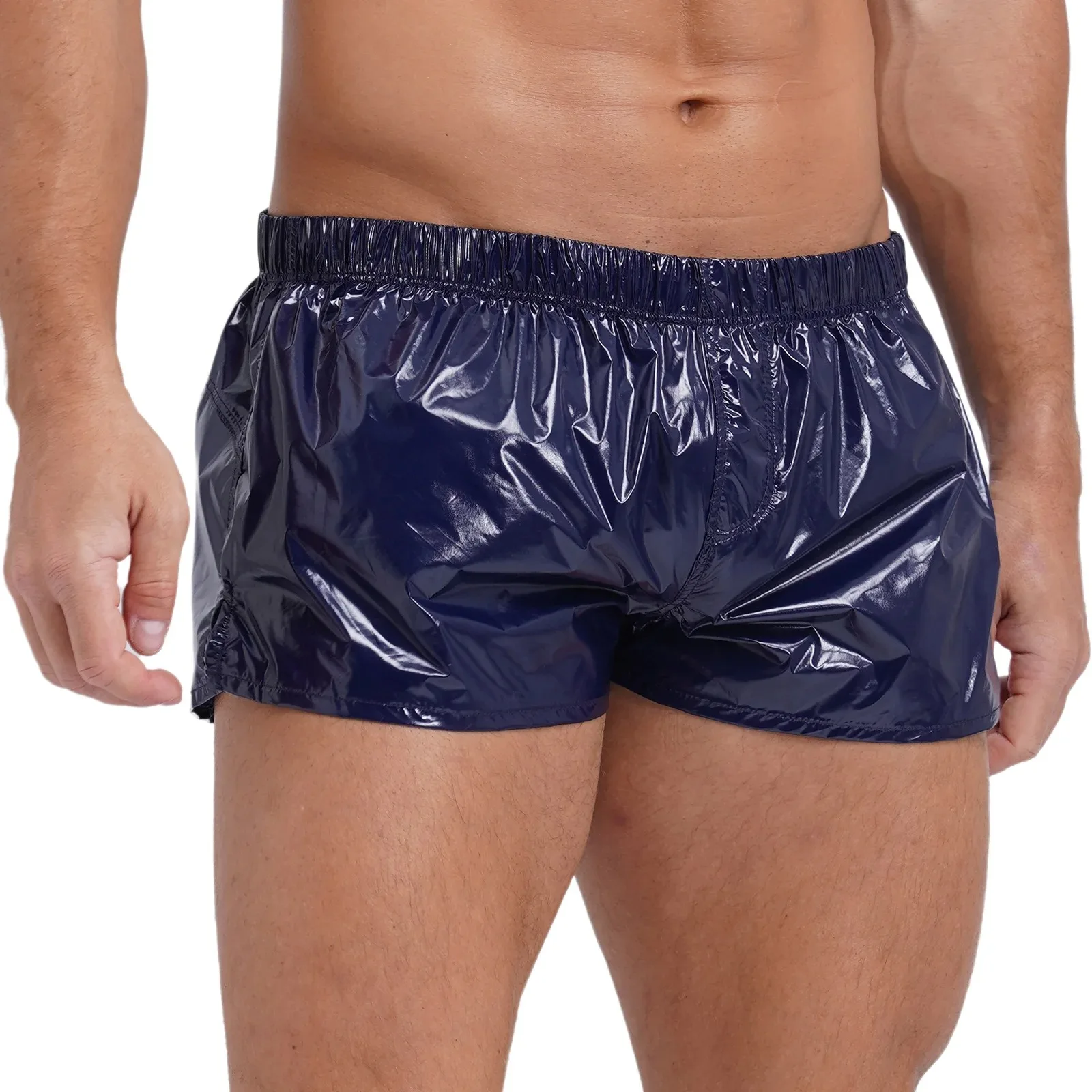 Herren einfarbig Slim Fit glänzende Badehose Shorts niedrige Seiten Schlitz Shorts Urlaub Strand Pool Party Nachtclub Kostüme