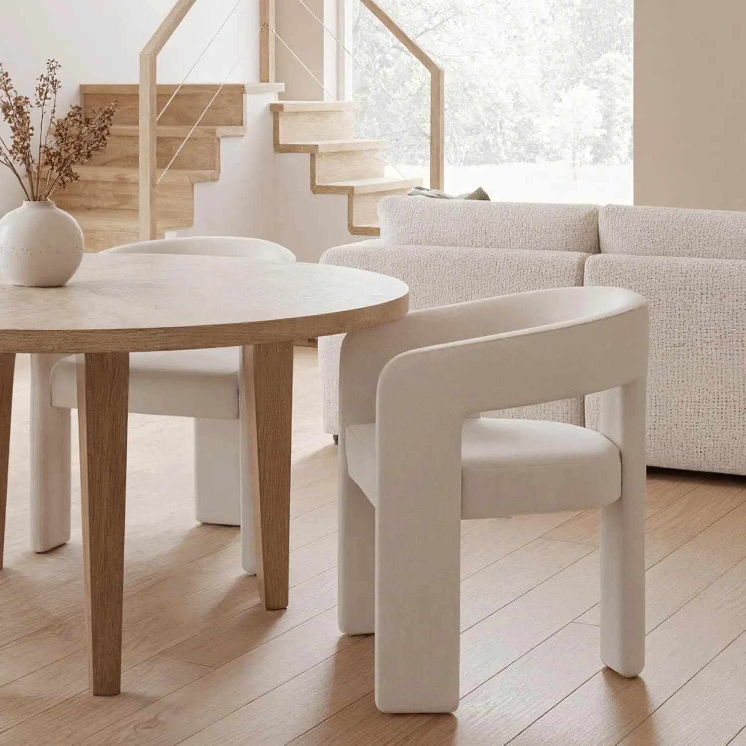 Modern Linen Barrel Dining Chair Set Ivory, Customized