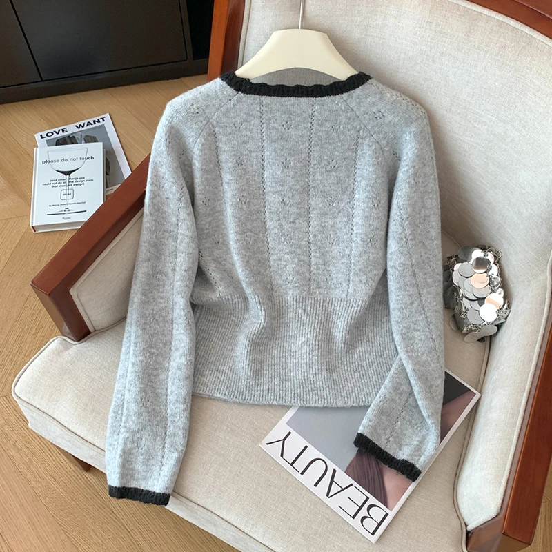 سترة محبوكة حلوة وأنيقة لأزياء الخريف والشتاء النسائية للتنقل، زخرفة القوس والأزرار، سترة كورية #6