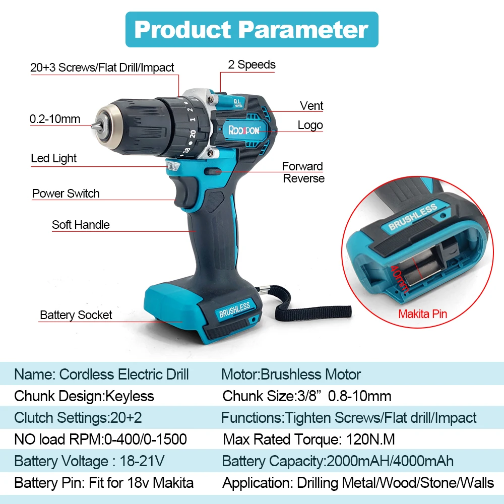 21V Cordless Electric Drill Brushless Electric Impact Drill 3 in 1 10mm  Electric Cordless Screwdriver For Makita 18v Battery