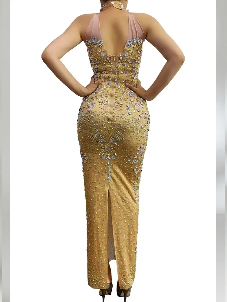 Alta qualidade strass sexy pescoço pendurado vestido elástico 2025 nova moda roupas femininas personalizadas