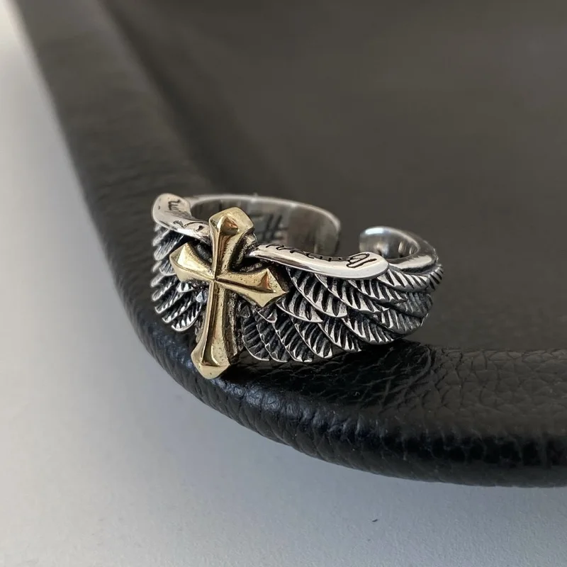 Wings Graffiti Letter Ring Men Vintage Bold Trendy Design Niche Personality Open Adjustable Finger Band