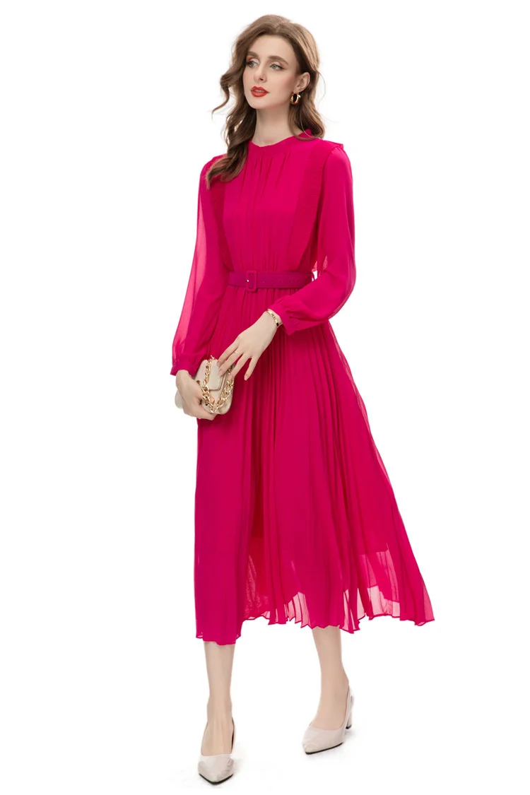 Spring Fashion Designer Black Vintage Pleated Dress Women Lantern Sleeve Ruffles Sashes Gathered Waist Slim Long Dress