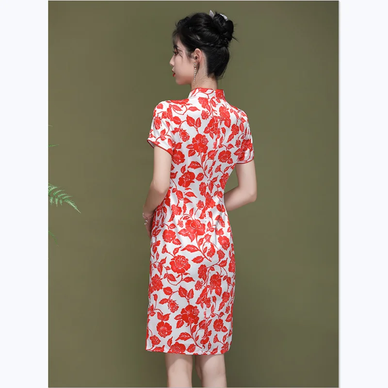 Vintage Red Dress Women Chinese Style Young Girl High Quality Silk Stand Collar Short Sleeve Elegant Slim Improved Cheongsam