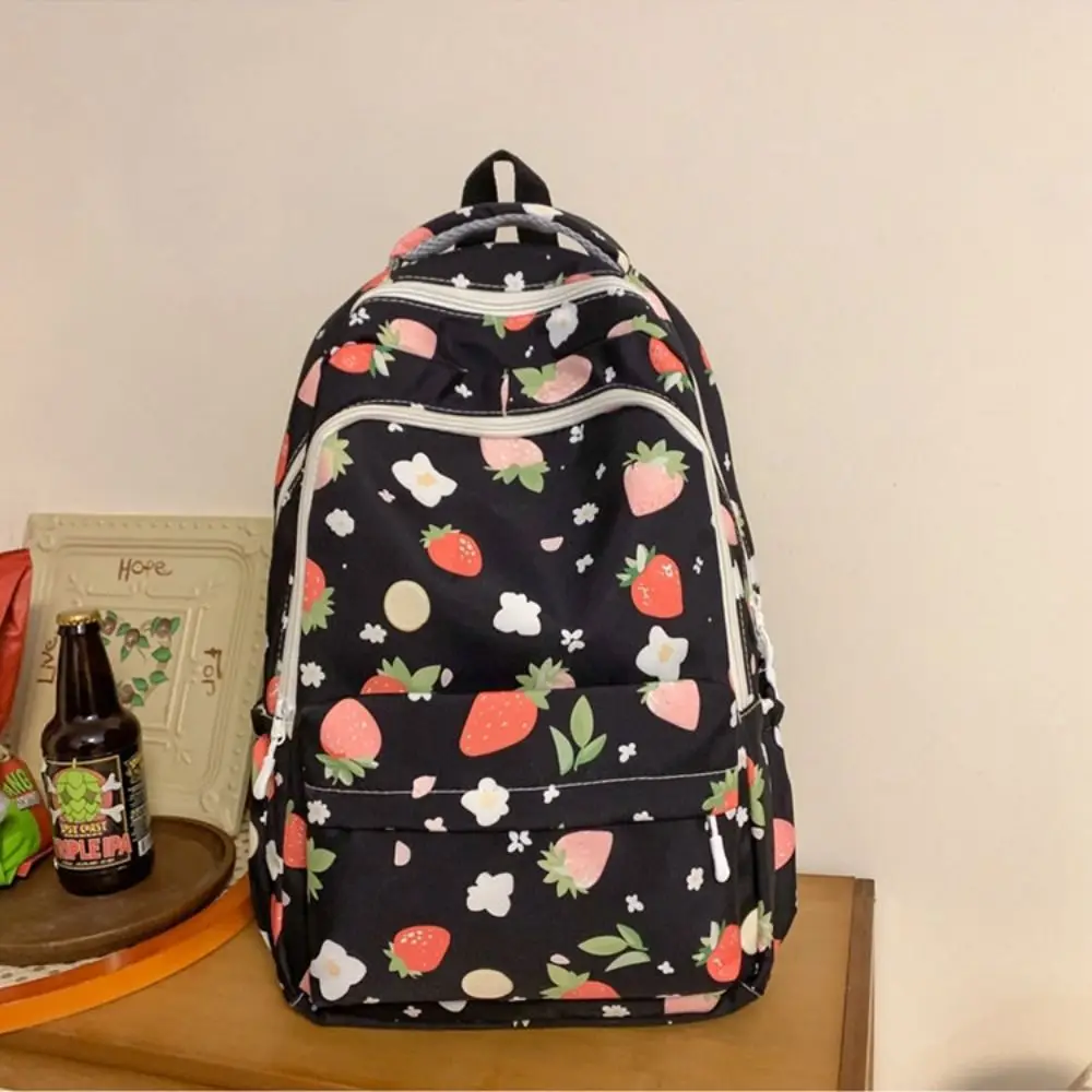 Large Capacity Strawberry Printed Backpack Multi Pocket Adjustable Strap Students Knapsack Korean Style Harajuku School Bag