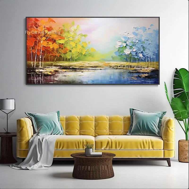 Original Hand-Painted Canvas Oil Painting, Thick Texture Autumn Birch Forest Lake Scenery, Vibrant Nature Landscape Wall Decor