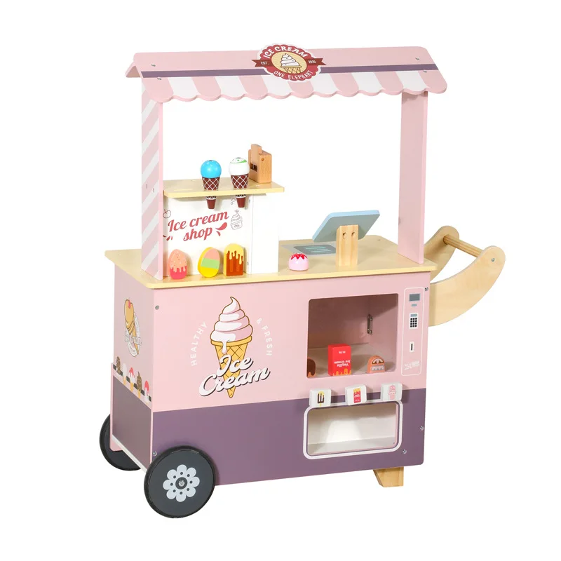 Children Cosplay Pink Wooden Ice Cream Truck Game Educational Simulation Pretending Grocery Store Boy Girl Kitchen Toys