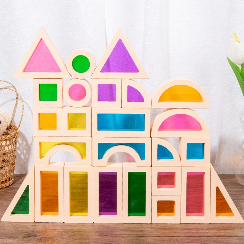 25Pcs Stacking Building Blocks Montessori Toys Construction Toys Colorful Geometry Sensory Toy Wood Rainbow Blocks for Preschool