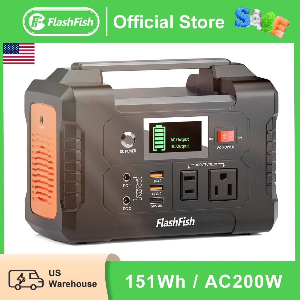 FF Flashfish 200 واط محطة طاقة محمولة 151Wh 400 واط الذروة مولد الطاقة الشمسية مع 110 فولت مخرج تيار متردد 2 تيار مستمر 3 منفذ USB بطارية احتياطية E200
