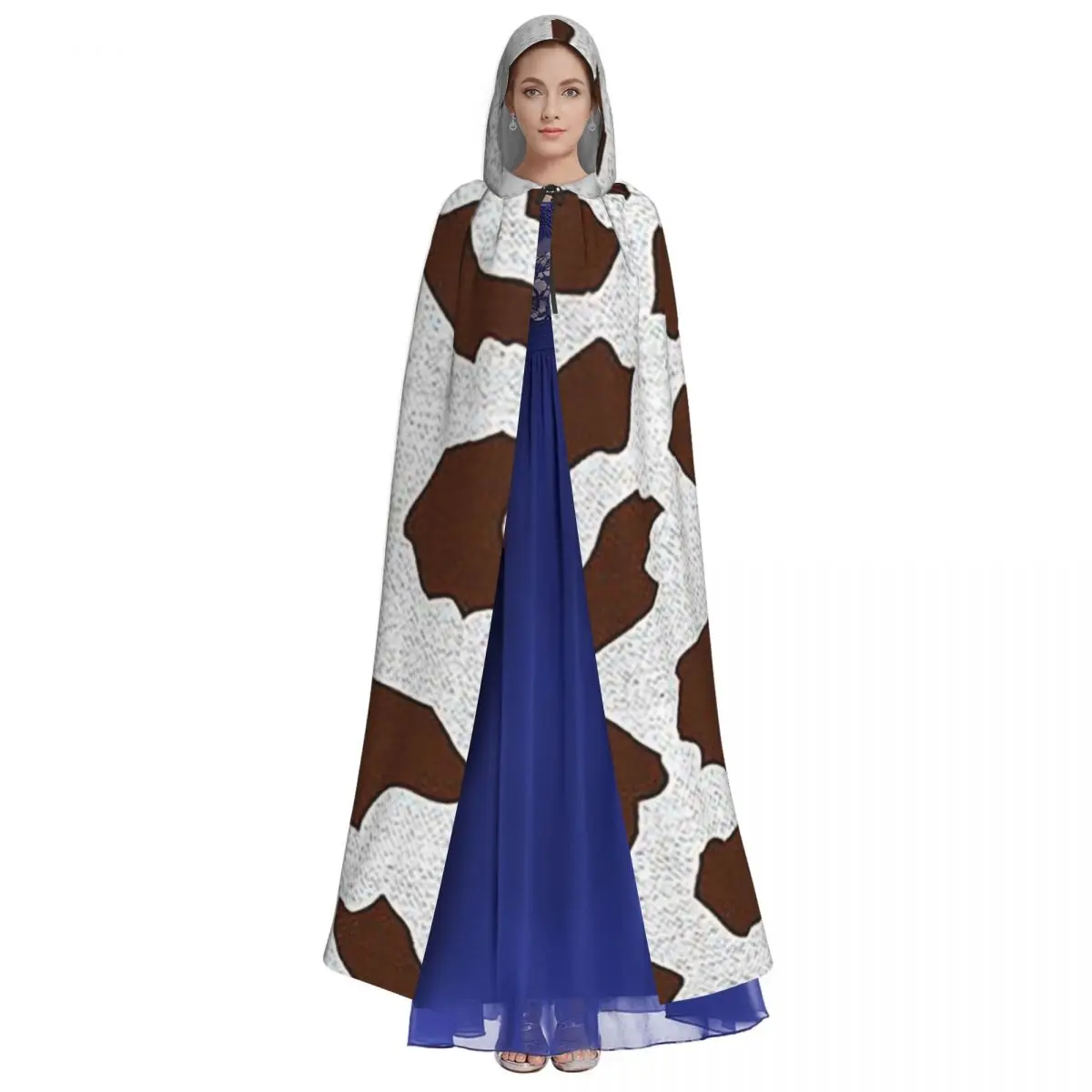 Capa longa com capuz padrão de manchas de vaca marrom, fantasia medieval de bruxa, capa cosplay, casaco de halloween adulto unissex