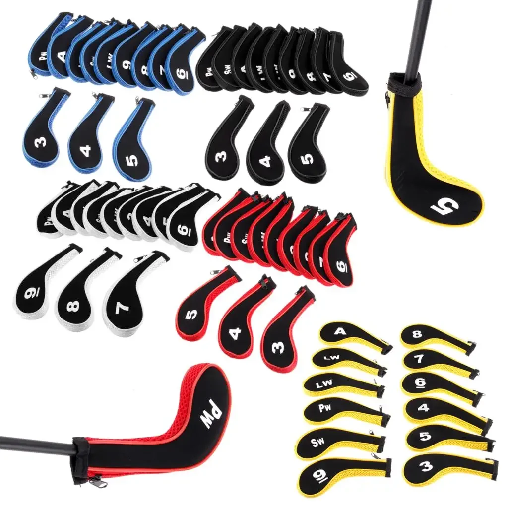 High Quality 12 Pcs/Set Neoprene Golf Head Covers Iron Golf Club Head Protect Set Headcover Number Printed with Zipper Long Neck