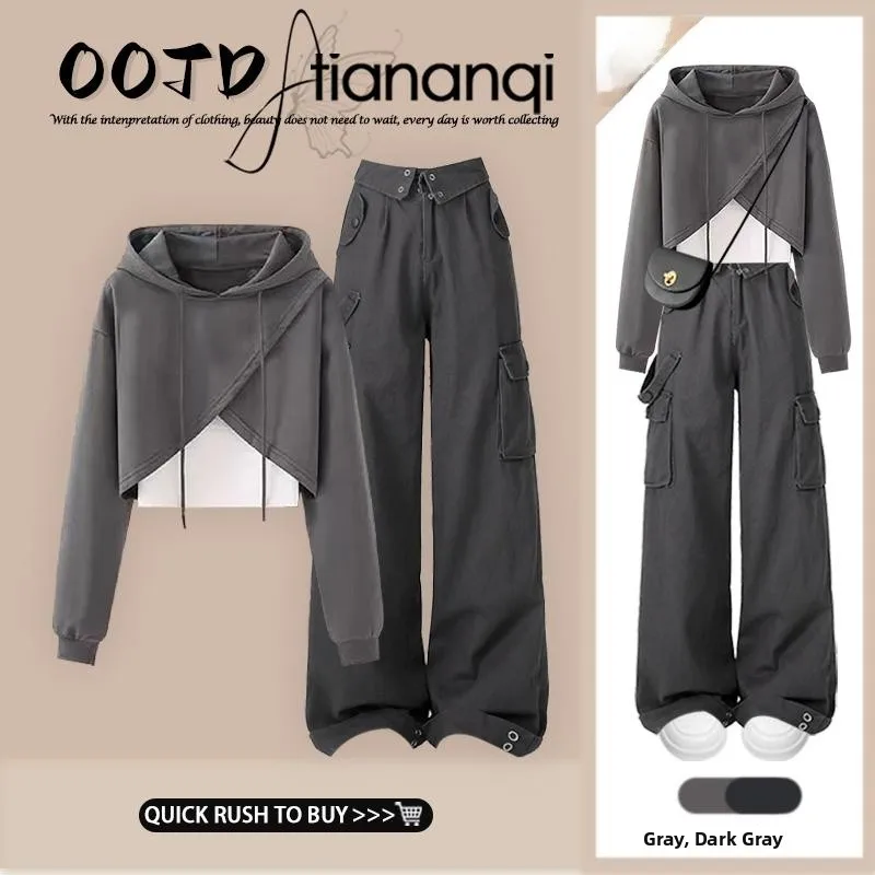 

Новый осенний повседневный женский комплект 2026: худи и брюки с высокой талией, прямые, в стиле рабочей одежды, удобный вязаный топ, костюм-двойка