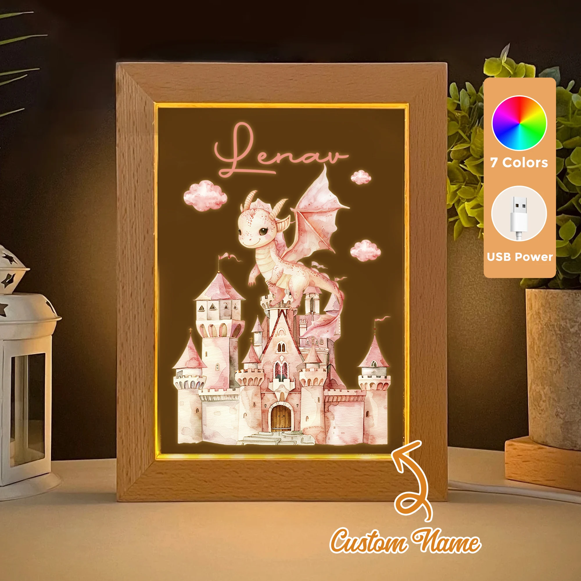 

2D Flat Custom Name Dinosaur LED Acrylic Night Light Wood Photo Frame 21x17cm Cartoon Children Bedroom Gifts Home Decor Gift