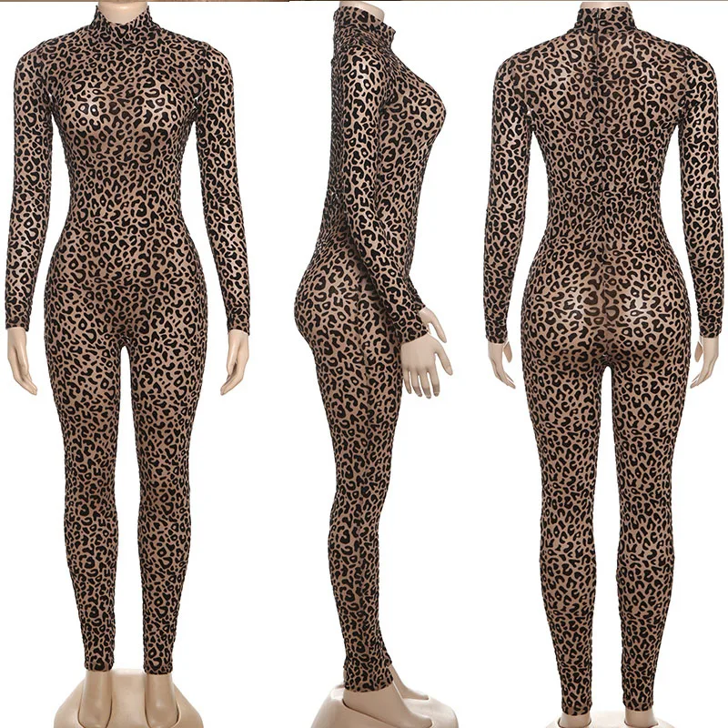 ليوبارد طباعة طويلة الأكمام رومبير بذلة امرأة مثير الوقوف طوق سستة بسط نحيل قطعة واحدة ملابس النادي Bodycon وزرة