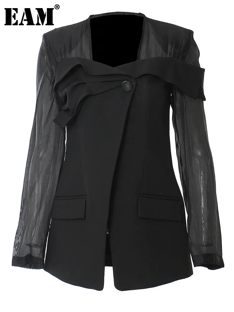 [EAM] Frauen Schwarz Mesh Perspektive Elegante Blazer Neue Quadrat Kragen Langarm Jacke Mode Flut Frühling Herbst 2025, 1DH3990