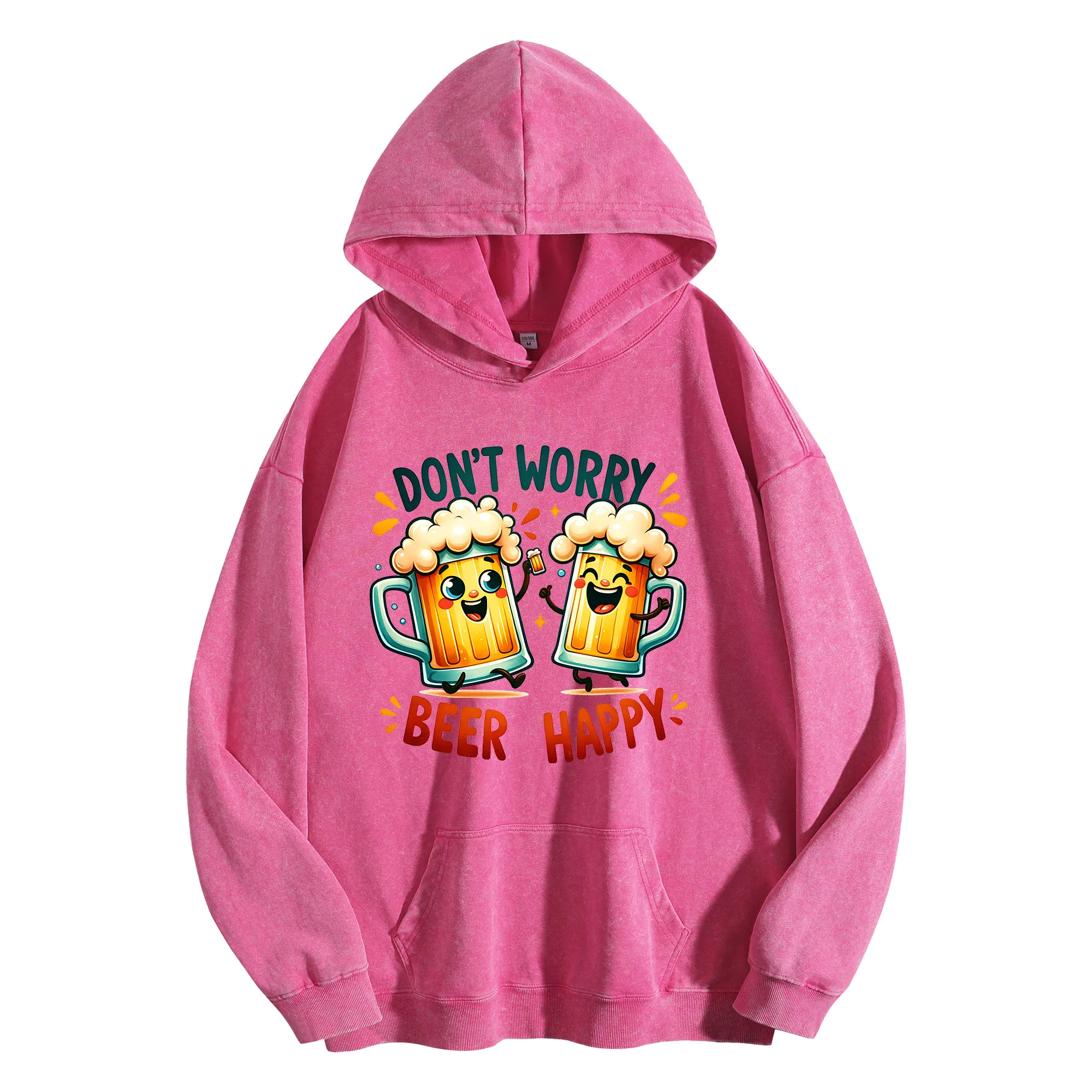 سترة بغطاء للرأس كلاسيكية مغسولة 400 جرام من BEER HAPPY للجنسين كبيرة الحجم ملابس الشارع الشهير خريف/شتاء إصدار عيد الميلاد والعام الجديد