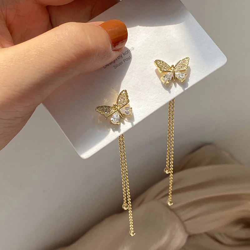 Fashion Butterfly Tassel Pendant Earrings Korean Fashion Women Charm Zircon Earrings Girls Anniversary Holiday Party Gift