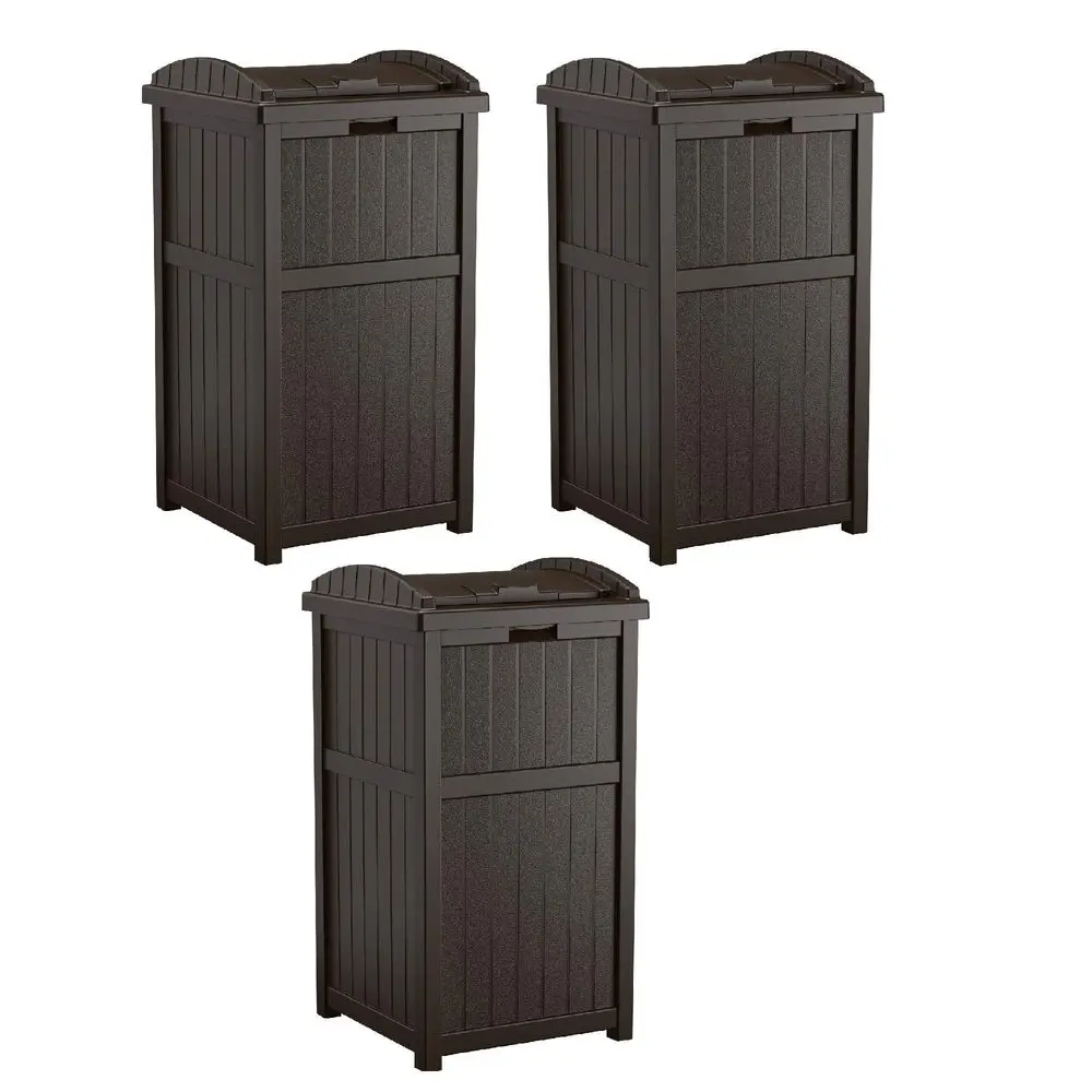 

3 Pack 33 Gallon Durable Plastic Hideaway Outdoor Garbage Can with Secure Lid amp Wicker Design for Home Backyards, Decks, or P