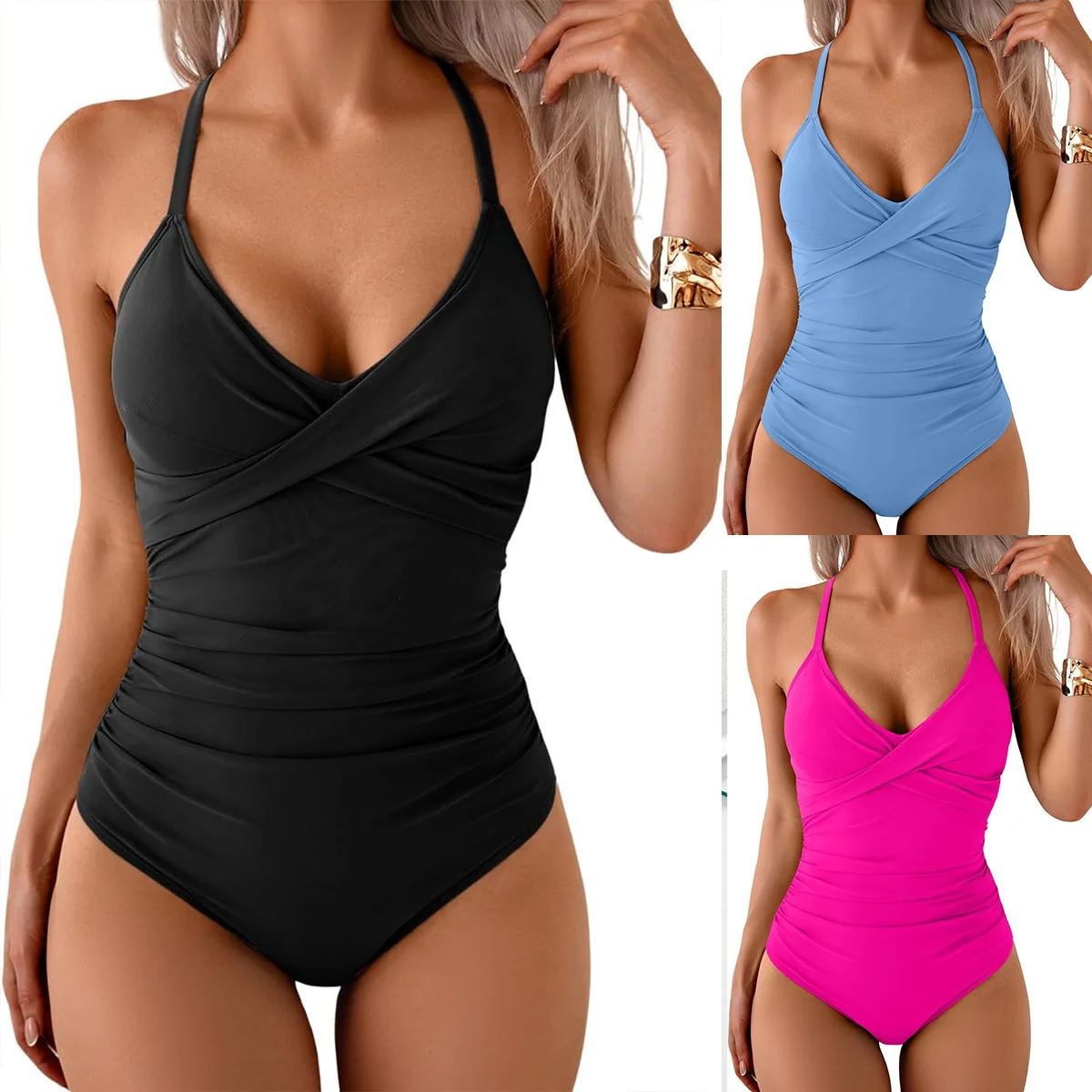 Traje de baño plisado con cuello de 2025V para mujer con correas, bikini sexy de una pieza para nadar de mujer