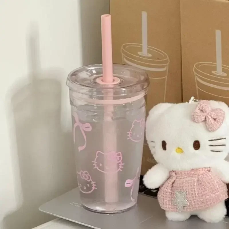 Anime Hello Kitty Pink Straw Cup KT Cat Large-Capacity Transparent Plastic Water Cup Kawaii Plastic Portable Cup Christmas Gifts view 3