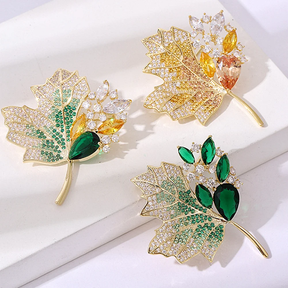 Luxury Maple Leaf Brooch High-end Full Rhinestone Plant Pins For Women Suit Coat Sweater Accessories Party Jewelry Gift
