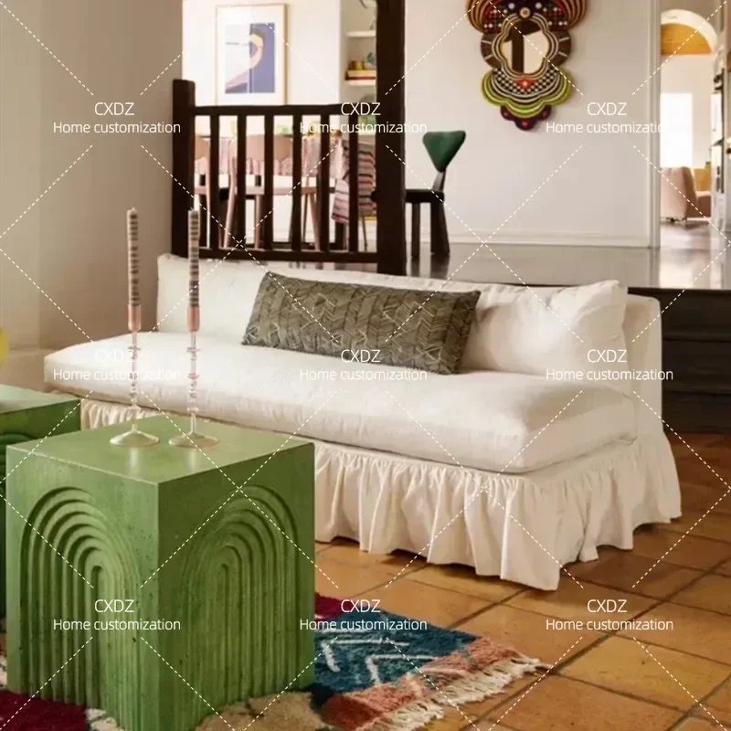 Retro White Fabric Sofa with Skirt Removable Washable Cover Straight Row Armless Loveseat for Hotel Coffee Shop B&B