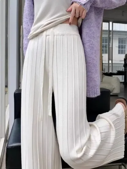 Weiche gestrickte Hose mit weitem Bein für Damen, lässig, gerader Schnitt, Herbst-Winter, hohe Taille, lange Hose, drapiert, bequem, lockere Passform