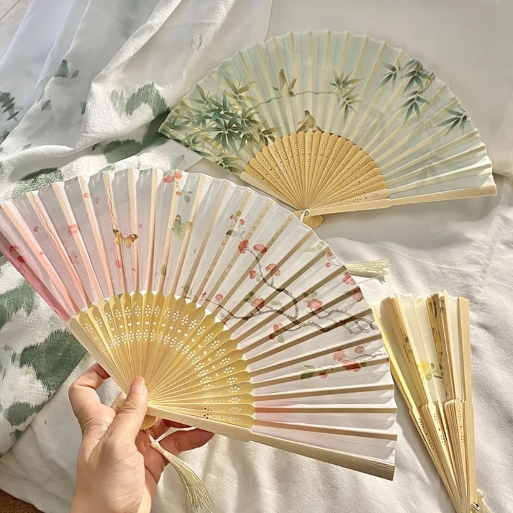 Elegant Chinese Style Tassel Folding Fan Swallow Lotus Bamboo Fan Butterfly Cherry Blossoms Handheld Fan Girl Gift