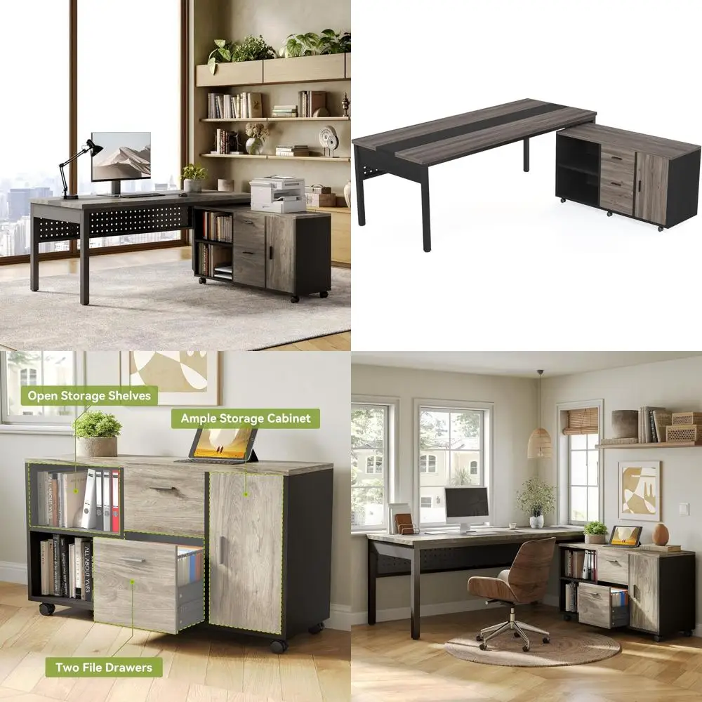 

Рабочий стол руководителя 70,8 дюйма с боковым шкафом, утолщенный деревянный L-образный компьютерный стол, большой домашний офисный стол для письма