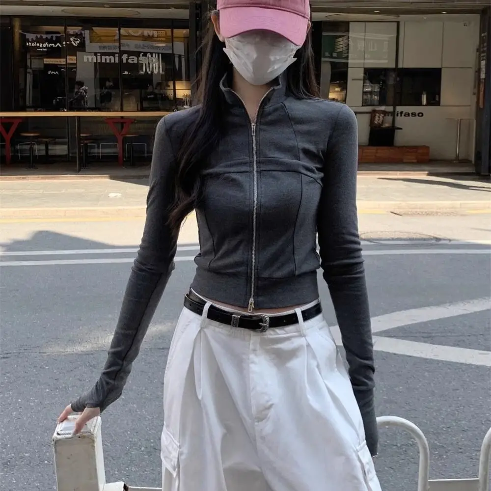 

Casual Stand-up Collar Female Solid Sweatshirt Korean All-match Long Sleeve Shirt Basic Female Clothing Crop Tops Women Holiday
