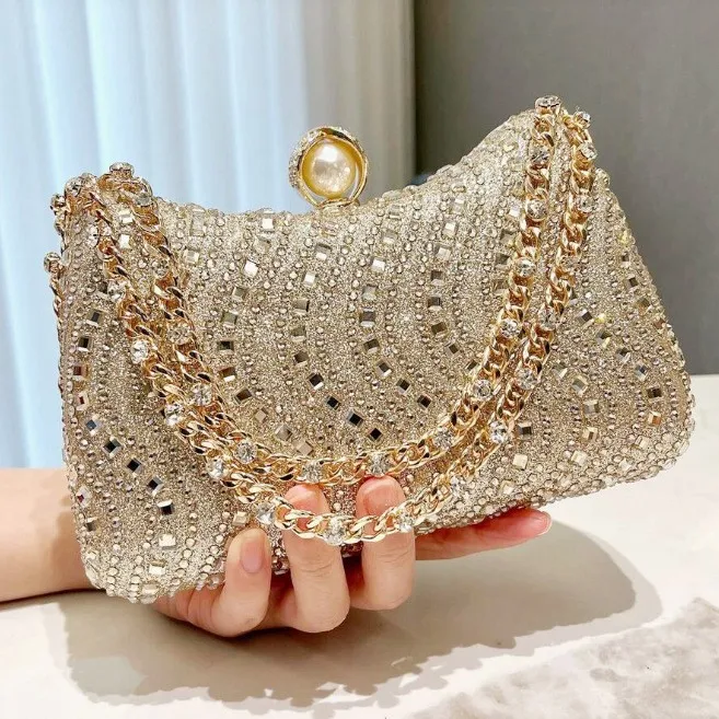 

Fine Rhinestone Diamond Inlay Dinner Evening Bag Retro Luxury Gold Silver Blue Small Clutch For Women Wedding Party Shoulder Bag