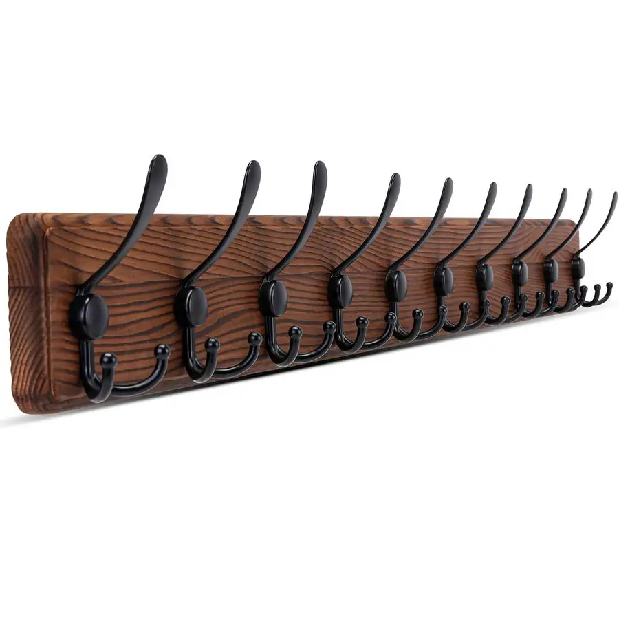 

Large Coat Rack Wall Mount Coat Hooks Coat Hanger with 10 Metal Black Triple Hooks Brown Pine Real Wood Plank Hat Rack for Wall