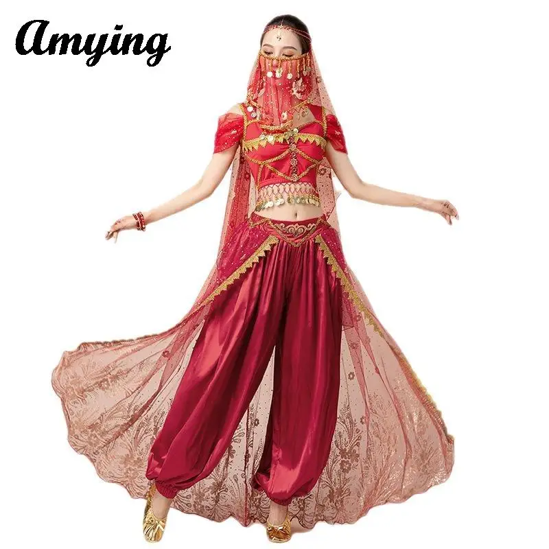 Erwachsene Jasmin Prinzessin Kleid Set Frauen Bauchtanz Bühne Performance Kostüm Set Übungs kleid Aladdin Rollenspiel Kleidung