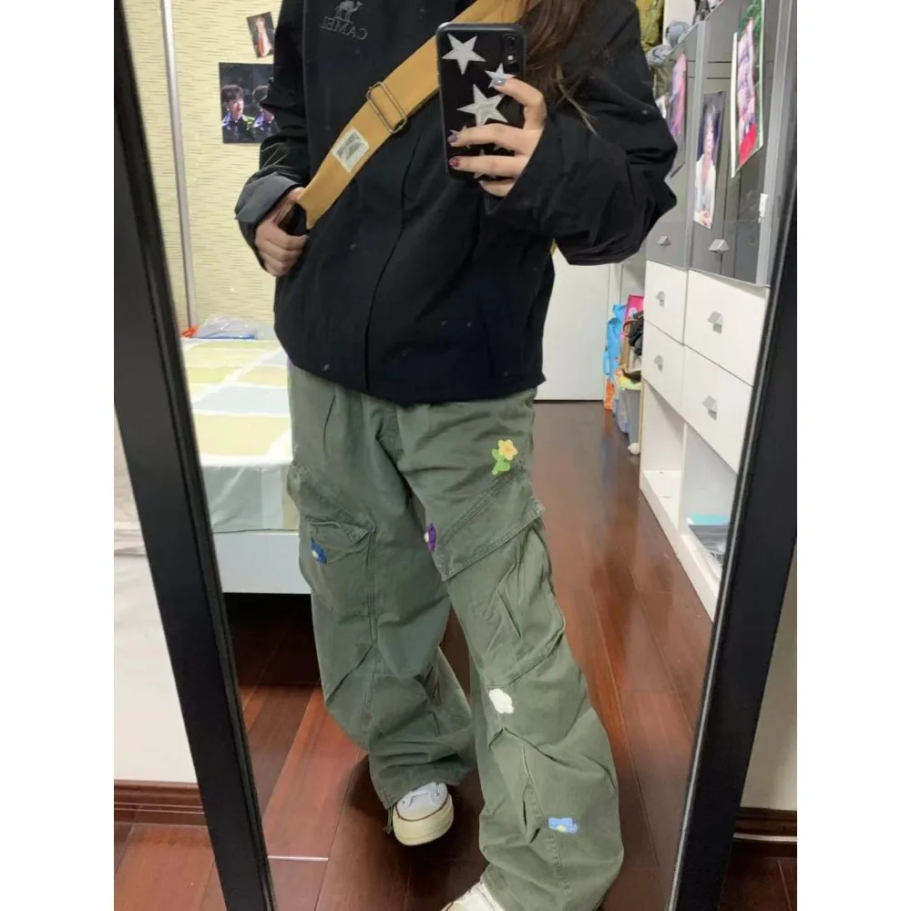 American Retro Floral Embroidery Cargo Pants Women High Waisted Wide Leg Loose Fit Tactical Streetwear Autumn Winter sweatpants