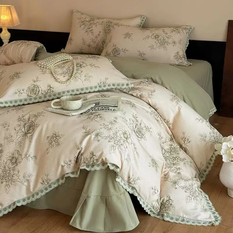 4pcs 100% Cotton Bedding Set Lace French Floral Duvet Cover Twin Queen King Size Bedsheet Double Bed Quilt Cover Pillowcase