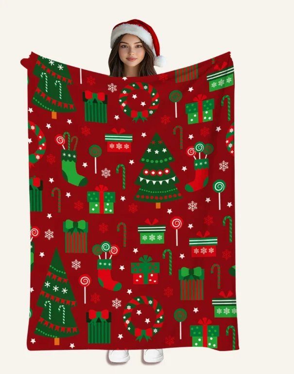 Red Christmas Tree Gift Box Stocking Throw Blanket Soft Warm Blanket Candy Cane Xmas Holiday Home Decor Blanket Sofa Bed Couch