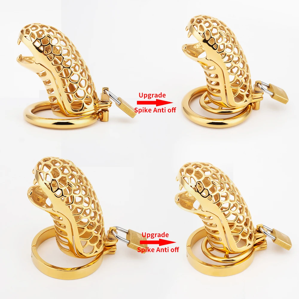 Hollow Stainless Steel Gold Snake Chastity Cage BDSM Male Chastity Device Metal Cock Cage With Spike Ring Lock Sex Toys For Men